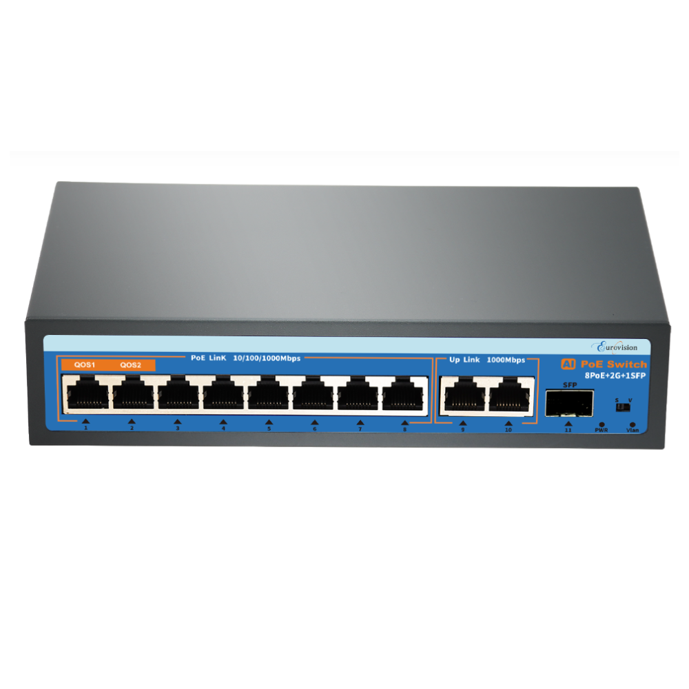 Eurovision EV-G0821GB-C 8 port gigabit PoE+ network switch with SFP uplink for CCTV cameras