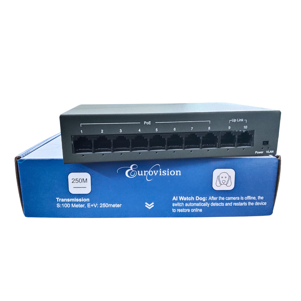 EV-F082-03 8 Port PoE Switch with 2 Uplink Ports and 96W Power Budget